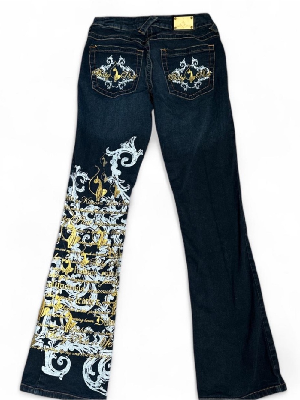 Baby Phat Dark Blue Flare Jeans with Gold & White Embroidery SUPER RARE